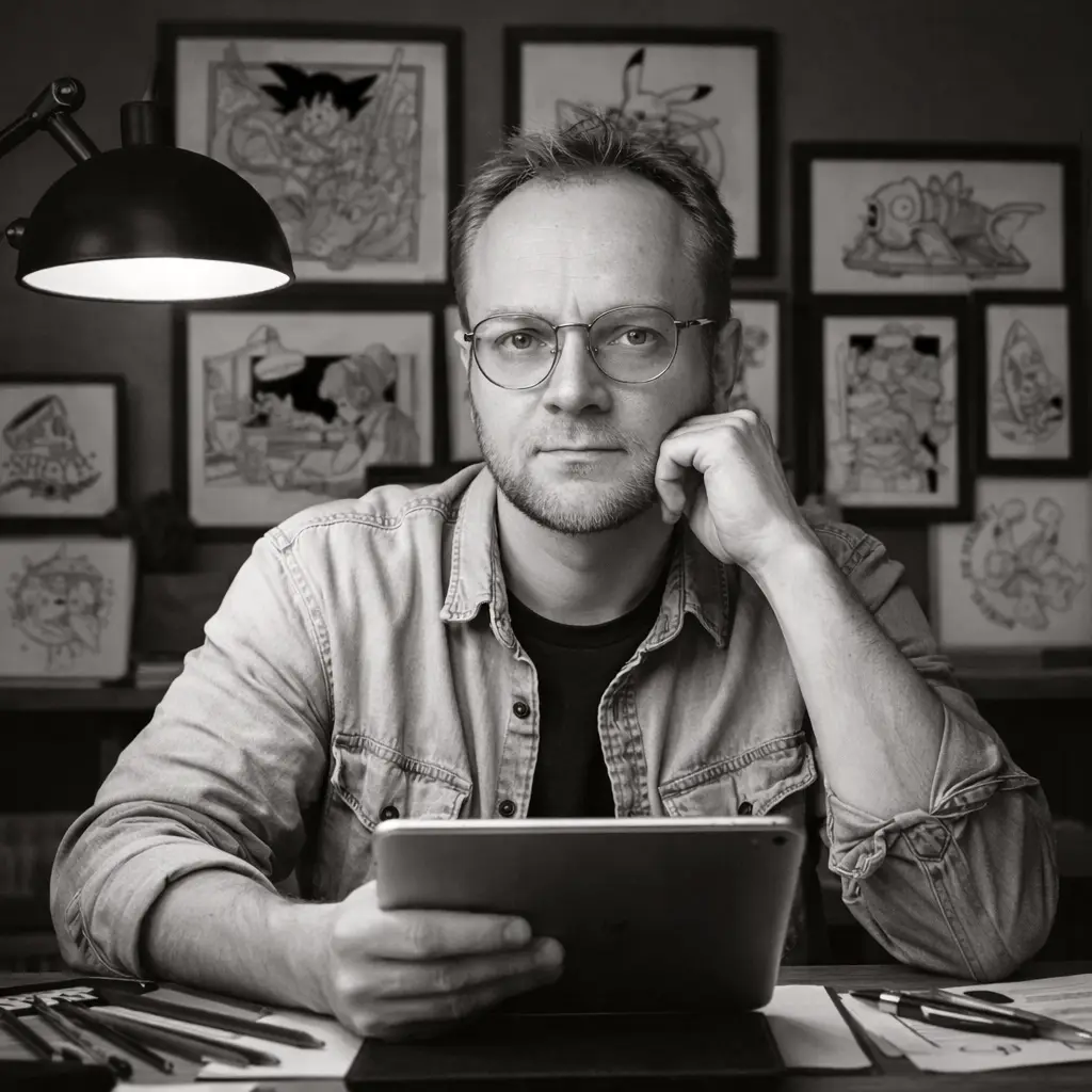 Portrait noir et blanc dans son bureau du graphiste freelance sur Lille : Julien Jacob également enseignant, formateur en communication visuelle et communication graphique. Egalement jury d'examen pour les TP CDUI et GRAPHISTE.